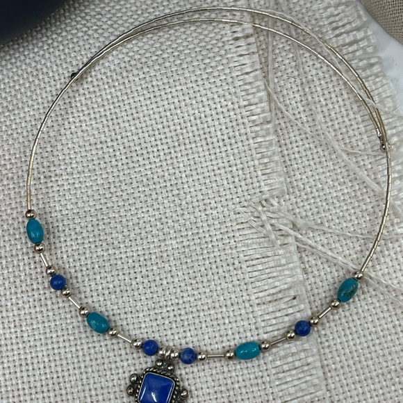 Vintage Southwestern Flexible Sterling Silver Necklace with Lapis & Turquoise - Picture 12 of 15